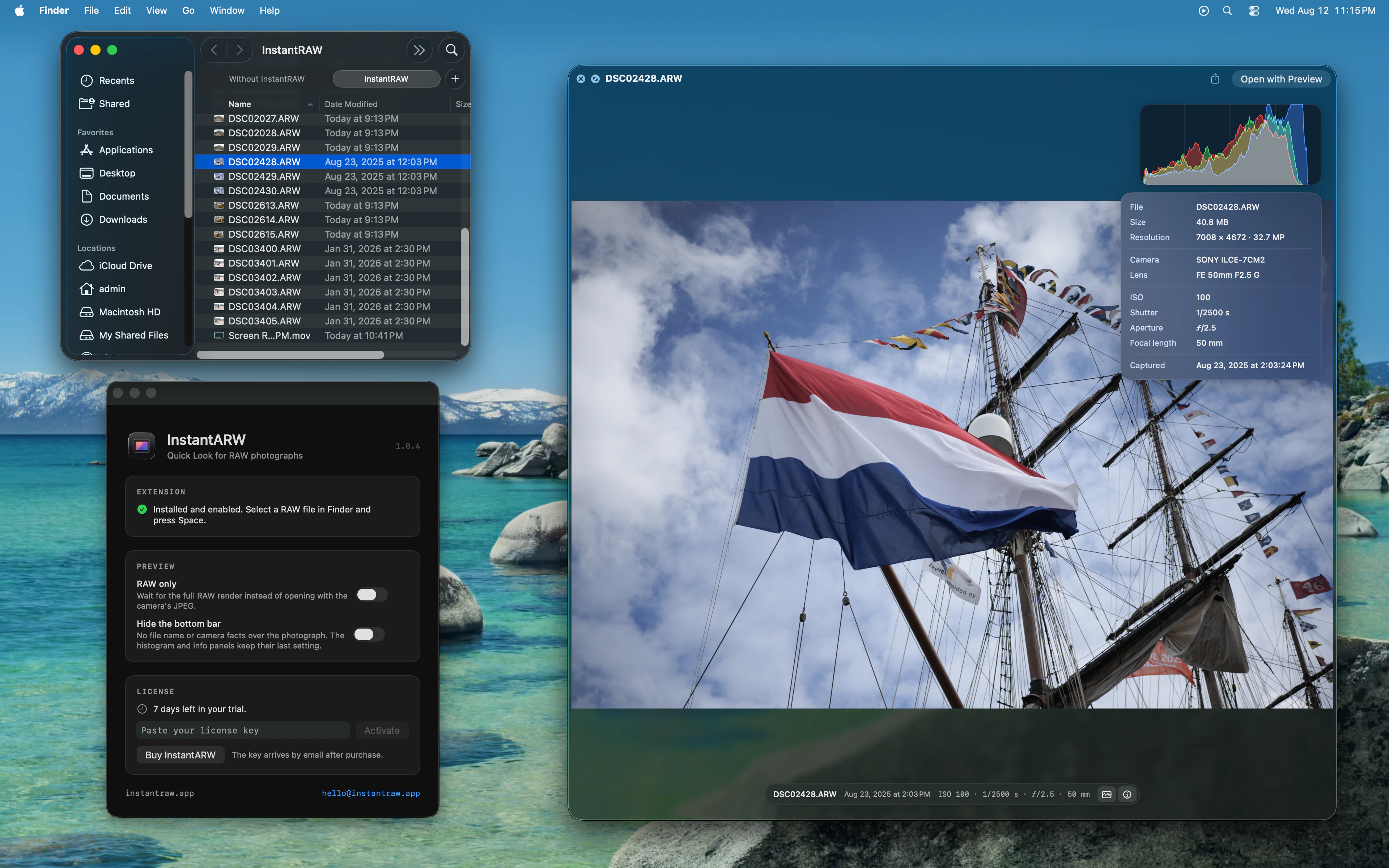 The spacebar preview: a RAW photograph with the histogram and camera info panels over it